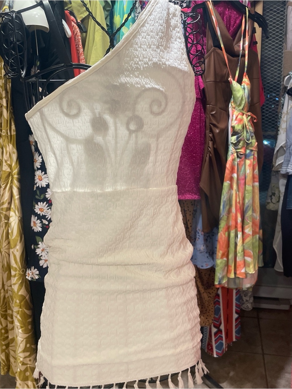 SHEIN One-Shoulder Ivory Textured Mini Dress